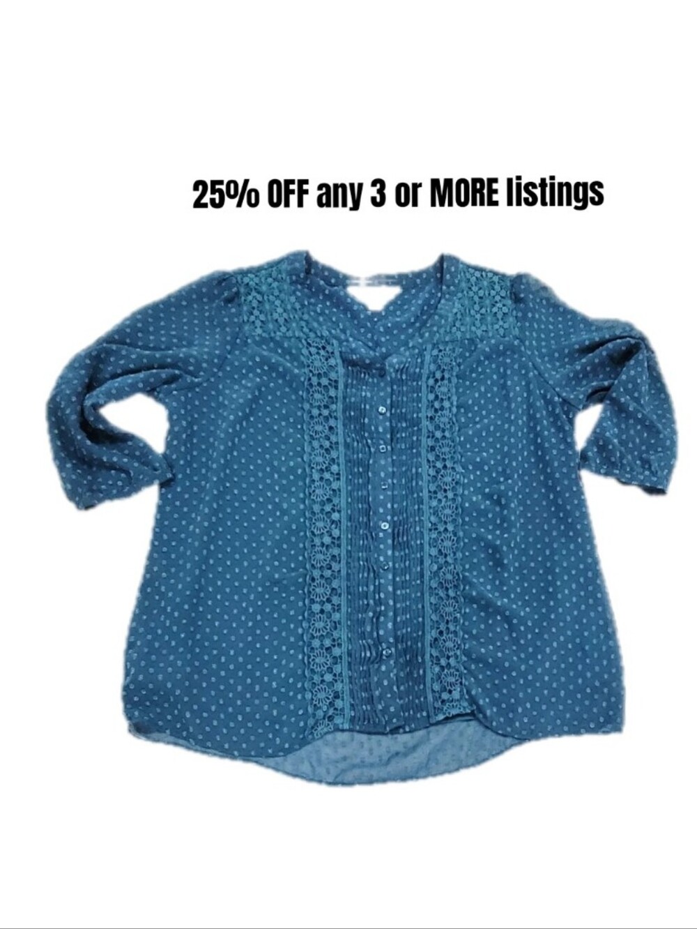 krazy kat Teal Blue Polka Dot Lace Blouse Size XL Longsleeve Sheer Lined Top